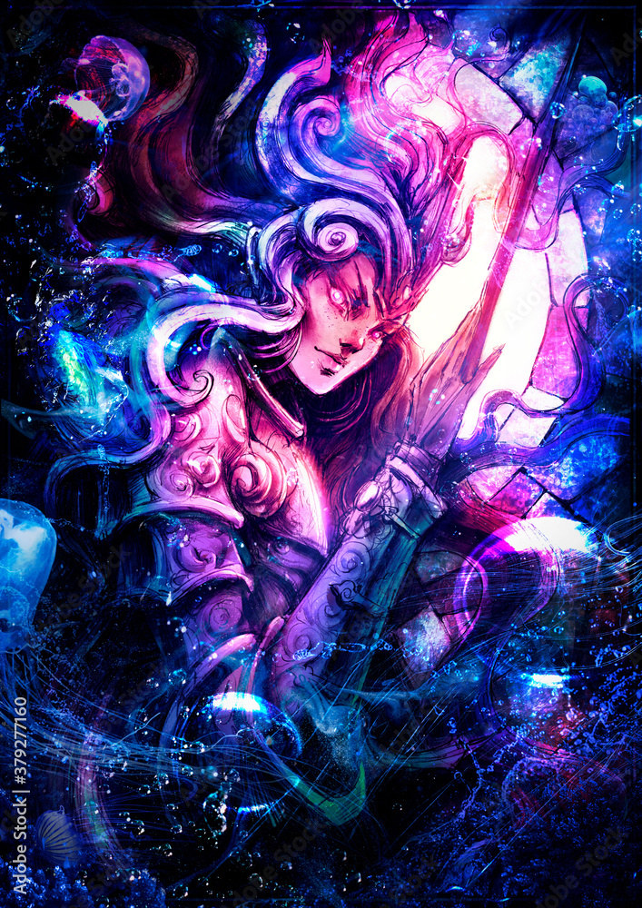 Fototapeta premium The sea queen, surrounded by jellyfish and bubbles, strokes the blade of her sword, she has long curly hair and bright glowing purple eyes. 2D illustration