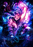 The sea queen, surrounded by jellyfish and bubbles, strokes the blade of her sword, she has long curly hair and bright glowing purple eyes. 2D illustration