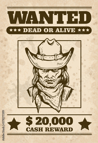 Wild west wanted poster with cowboys face, sketch cartoon vector illustration.