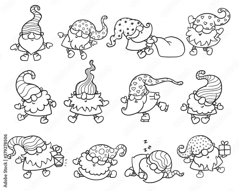Line art set of Christmas gnomes or dwarves sketch vector illustration isolated. Line art set of Christmas gnomes or dwarves sketch vector illustration isolated.