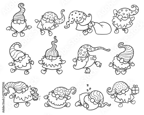 Line art set of Christmas gnomes or dwarves sketch vector illustration isolated.