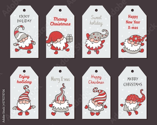 Greeting Christmas tags or badges set with cartoon gnome vector illustration.