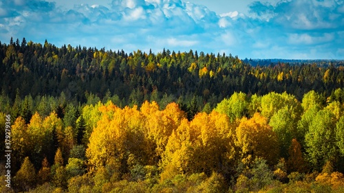 Beautiful autumn landscape with colorful forest taiga and sky with clouds