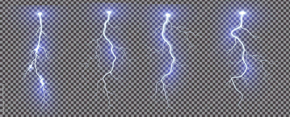 Realistic lightning. Thunder spark light on transparent background. Illuminated realistic path of thunder and many sparks. Bright curved line.