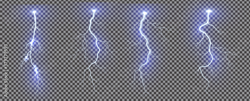 Realistic lightning. Thunder spark light on transparent background. Illuminated realistic path of thunder and many sparks. Bright curved line.