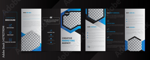 Corporate Tri Fold Brochure vector illustration. Vector triple folding brochure for business and advertising. Layout with modern elements and abstract background.
Creative three folded Brochure