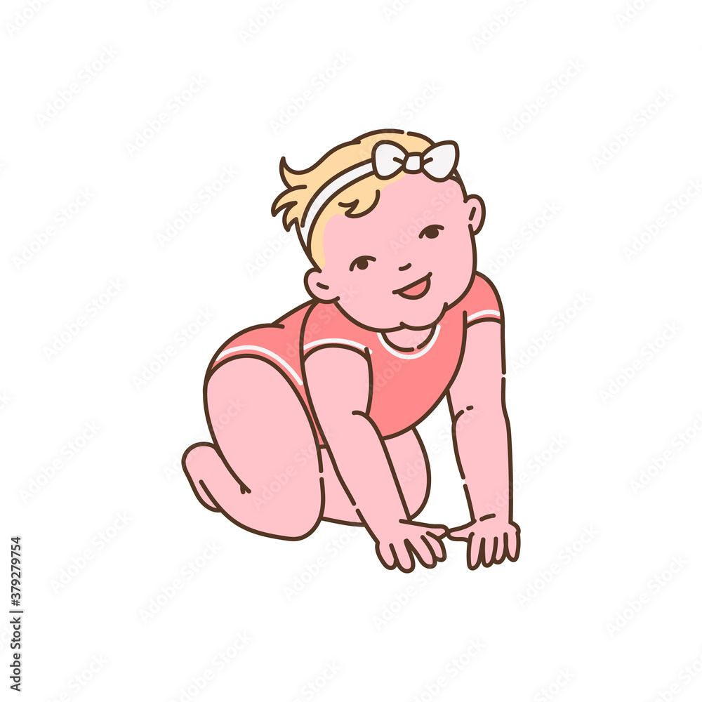 Little child girl begins to crawl, sketch cartoon vector illustration isolated. Little child girl begins to crawl, sketch cartoon vector illustration isolated.