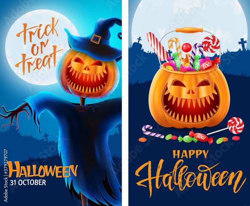 Halloween background, funny pumpkins. Greeting card for party and sale. Autumn holidays. Vector illustration EPS10.