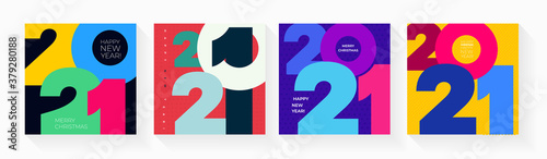 Set of creative concept Happy New Year of 2021 posters. Design templates with typography logo for celebration and season decoration. Vector illustration minimalistic trendy for branding, banner, cover