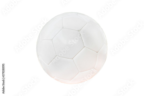 Classic leather soccer ball isolated on white background. Traditional white football equipment to play a competitive game. This photo can be used for sport concept with cut out.