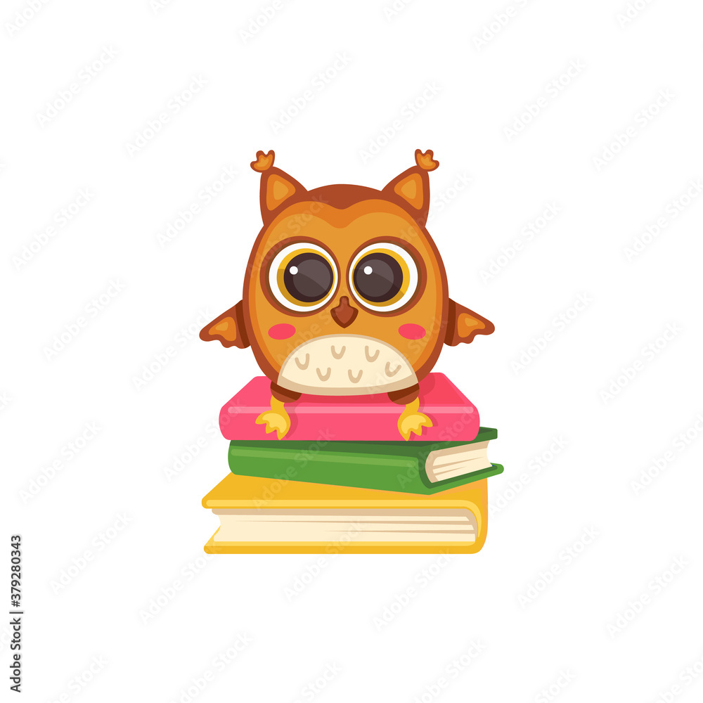 Wise and cute school owl on stack of books flat vector illustration isolated.