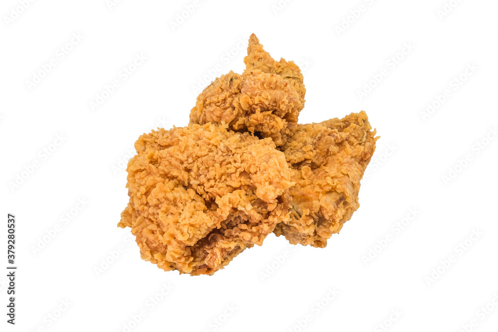Hot fried chicken wing spicy isolated on white background. Delicious southern Kentucky drumstick crunchy meal. Recipe fast food pieces.