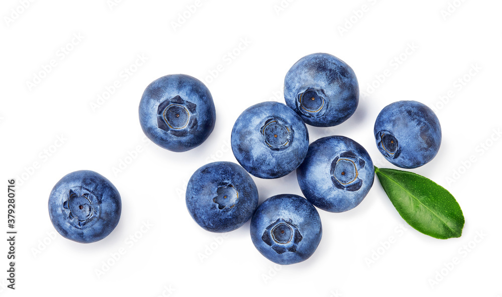 Fresh blueberries with bluberry leaves isolated on white background. Top vew of berries. Fresh blueberries with bluberry leaves isolated on white background. Top vew of berries.