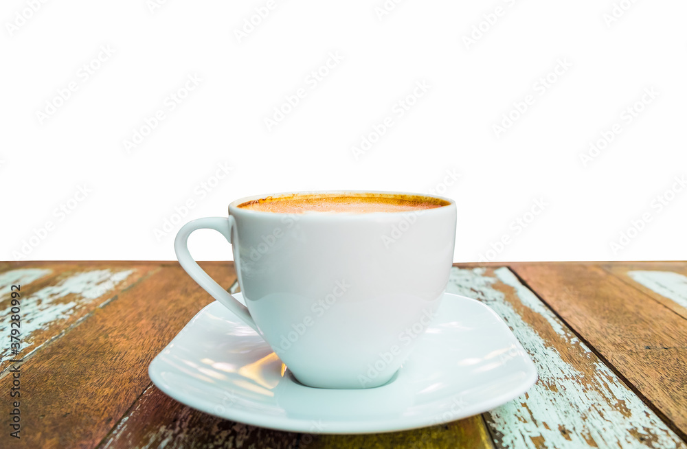 Hot coffee cup on old wooden table isolated on white background. Hot coffee cup on old wooden table isolated on white background.