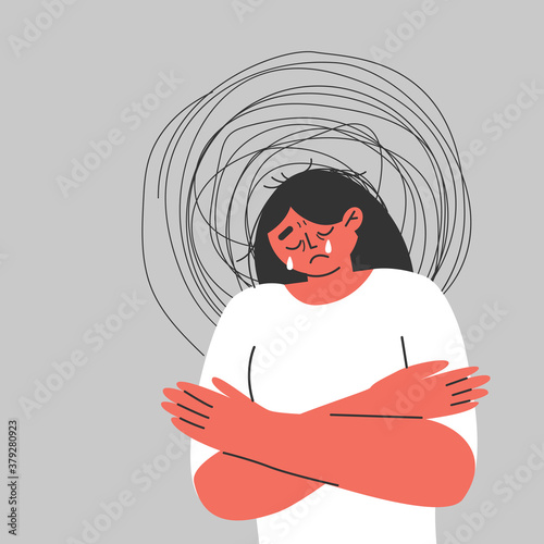 A sad, unhappy girl in a depression. A young woman suffers from melancholy conditions. Mental illness.