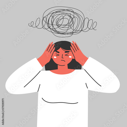 A woman suffers from obsessive thoughts, headache, unresolved issues, psychological trauma, depression. Flat vector illustration