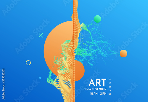Art event invitation template. Modern art graphics. Water splash imitation. Array with dynamic emitted particles. 3D vector illustartion. Design for banner, flyer, poster, cover or brochure.