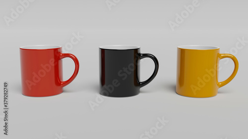Cup of Coffee, Coffee Mug - Coffee Mug Printing Template. Colorful (Red, Black, Yellow) mugs on white background