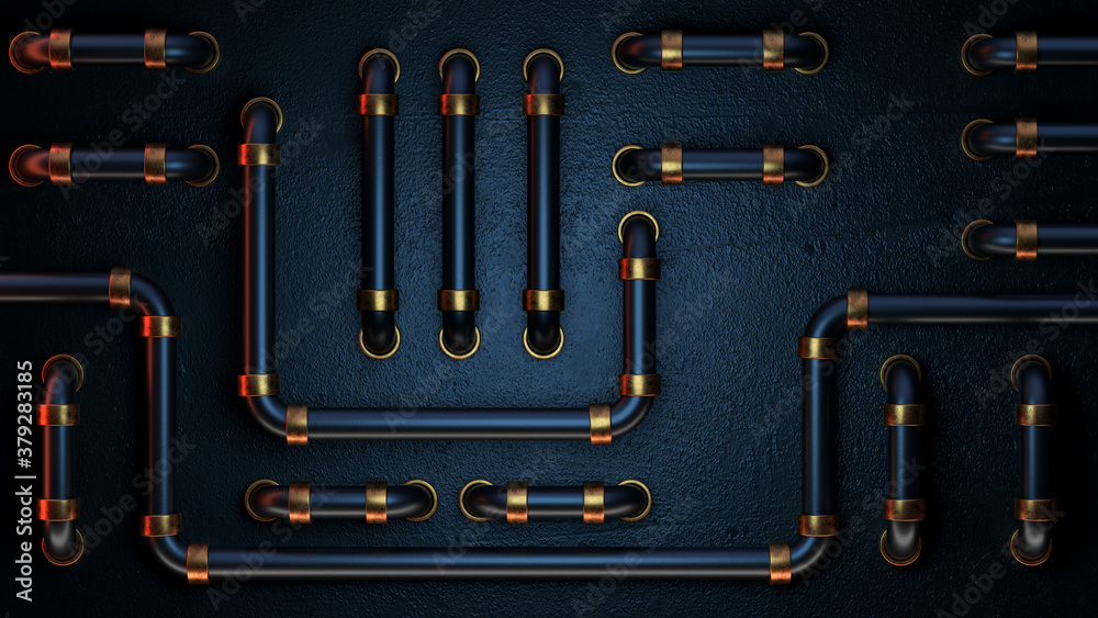 Abstract metallic background. 3d render of a metal panel with tubes. Wallpaper image for PC or mobile devices. Abstract metallic background. 3d render of a metal panel with tubes. Wallpaper image for PC or mobile devices.