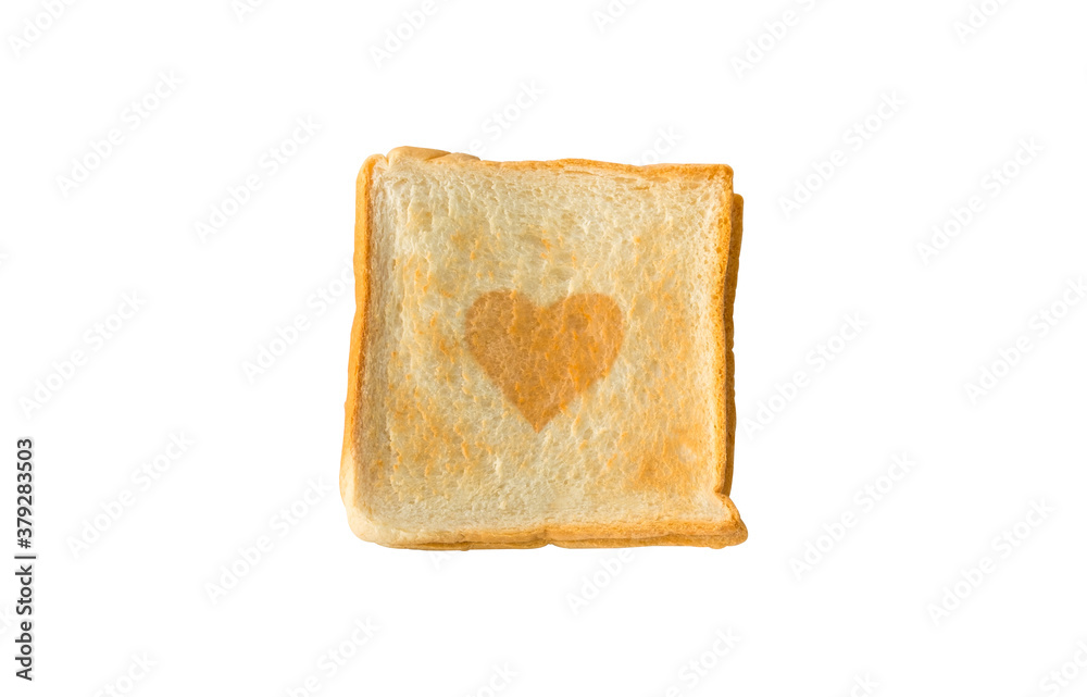 Heart shape on slice toast bread isolated on white background. Top view of baked bun.