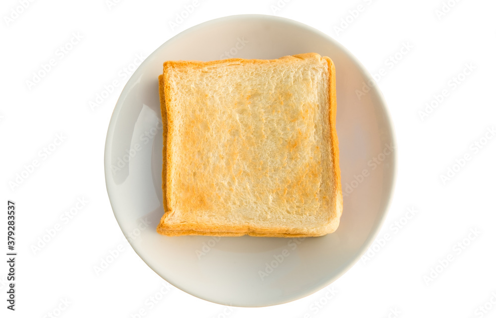 Above view of slice toast bread in plate isolated on white background. Top view of baked bun. Cut out