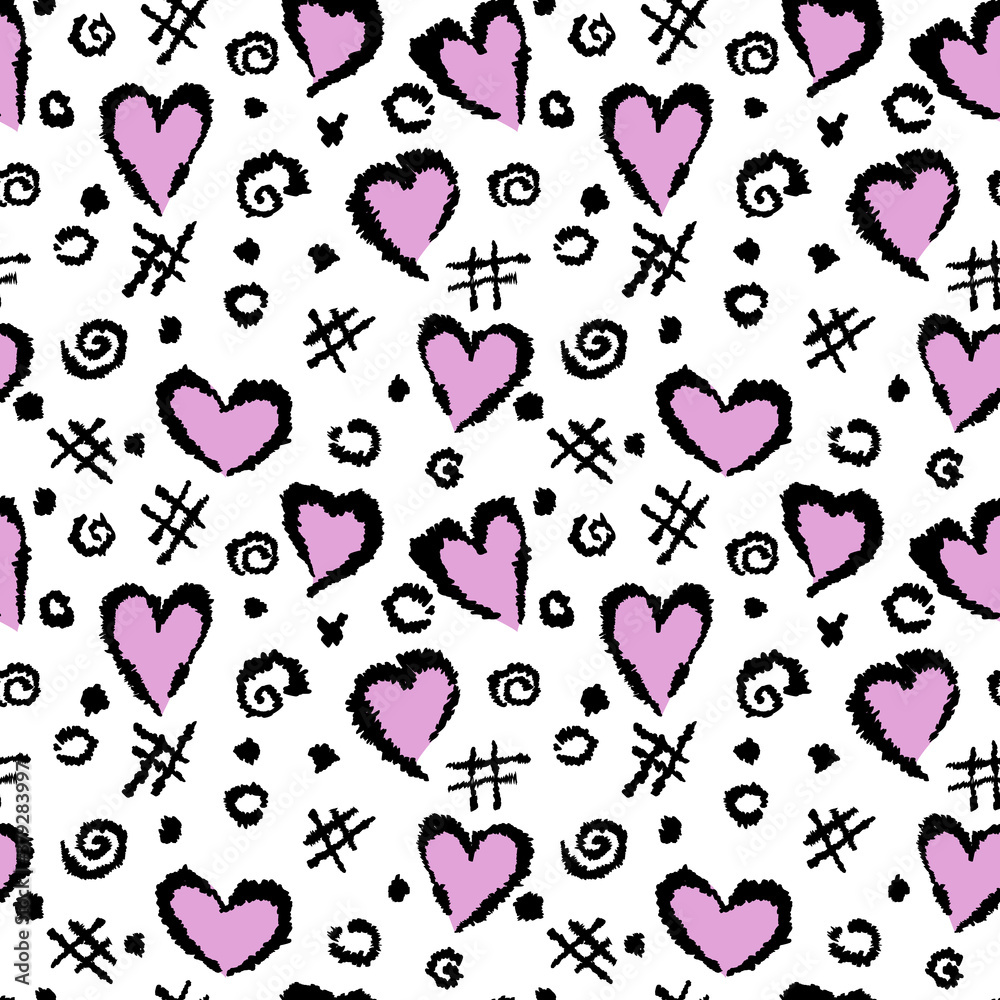 Abstract background with a pattern of hearts, a lattice and spots. Vector illustration drawn by hand.