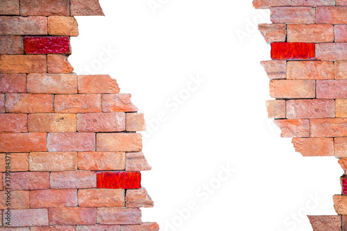 Broken into a brick wall isolated on white background. Copy space for designers with cut out.