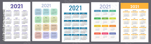 Calendar 2021 year set. Vector template collection. Simple design. Week starts on Sunday. January, February, March, April, May, June, July, August, September, October, November, December