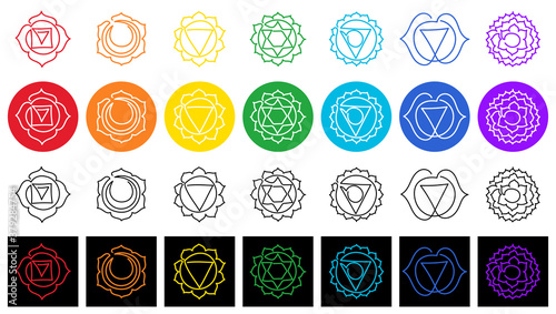 Chakras: muladhara, swadhisthana, manipura, anahata, vishuddha, ajna, sahasrara. Vector line symbol. Om sign. Sacral icon. Meditation
