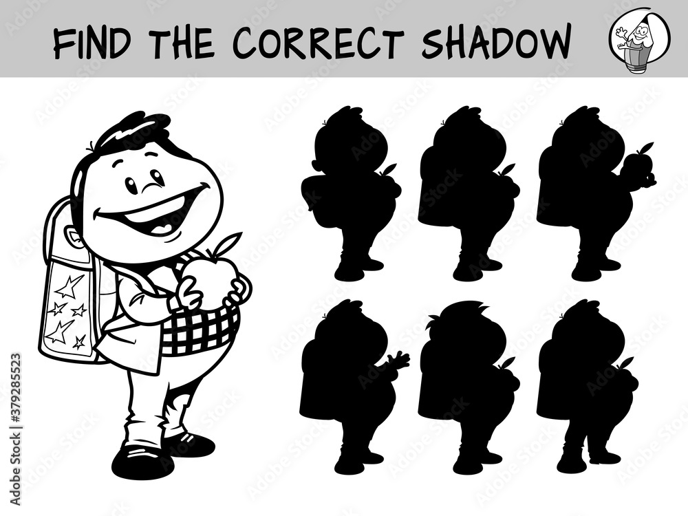 School boy with an apple. Find the correct shadow. Educational matching