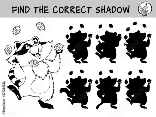 Funny raccoon juggling cones. Find the correct shadow. Educational matching game for children. Black and white cartoon vector illustration