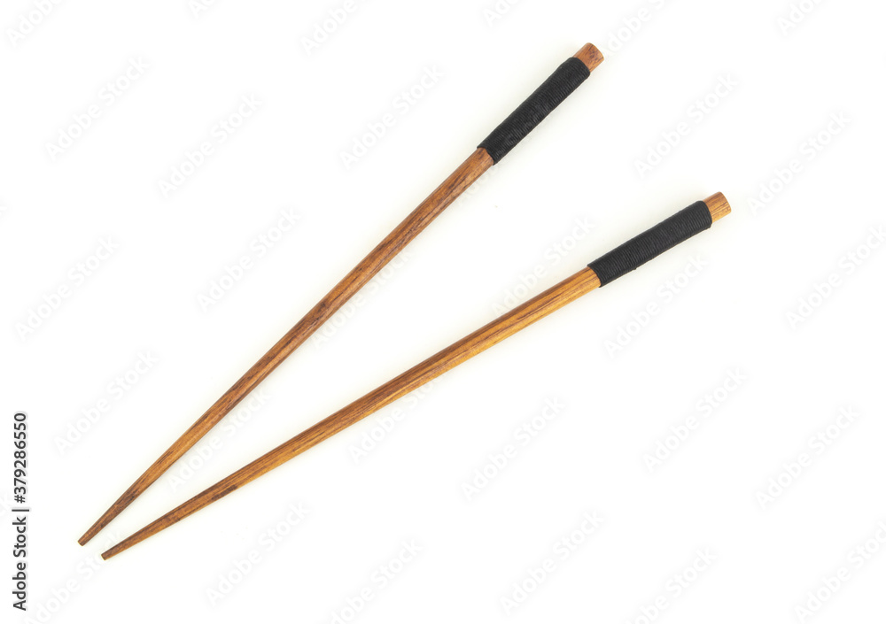 Wooden chopsticks isolated on white background, Japanese style