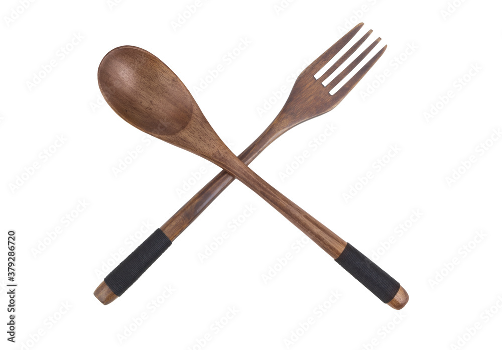 Wooden fork and spoon isolated on white background, japanese style Wooden fork and spoon isolated on white background, japanese style