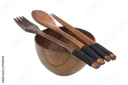Chopsticks, fork and spoon with wooden bowl isolated on white background, Japanese style