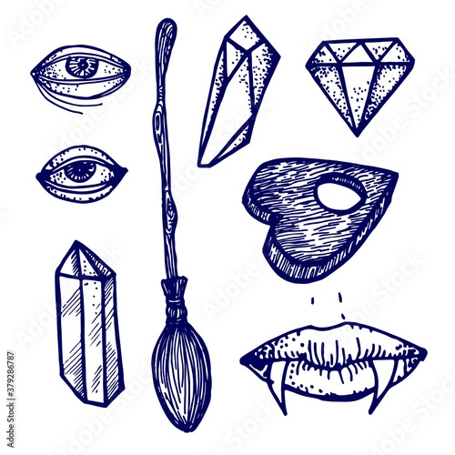 Halloween objects. Vintage engraving style. Oracle. Witches broom. Magic crystals. Vampire lips. Eyes. Simple elements. Vector illustration. . 