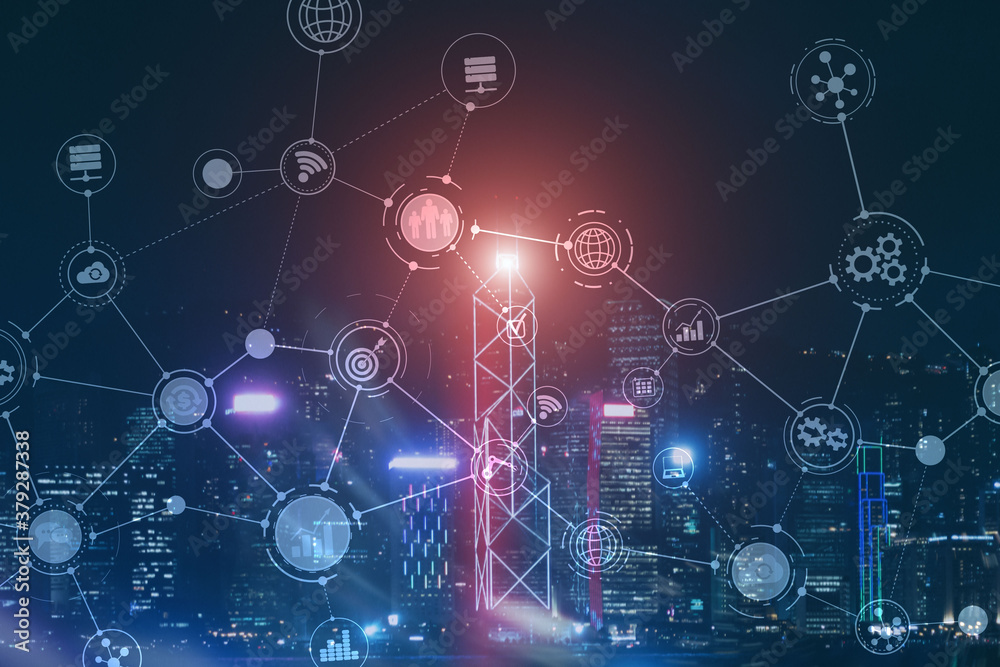 Smart City and Wireless Communication Network. Business District with office building. IOT modern technology concept. Smart City and Wireless Communication Network. Business District with office building. IOT modern technology concept.