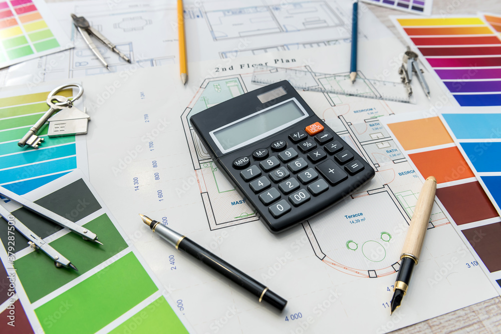 Design architecture drawing renovation color palette blueprints at office Design architecture drawing renovation color palette blueprints at office
