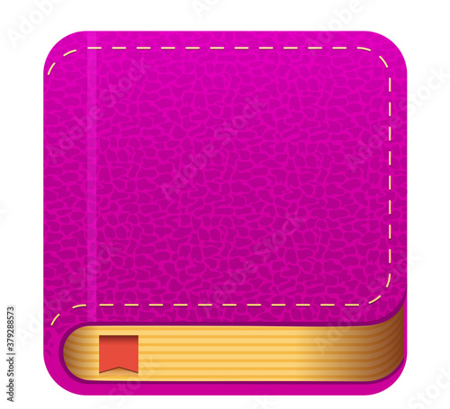 Vector book icon isolated on white background, casual illustration of leather bound book with rose cover and bookmark