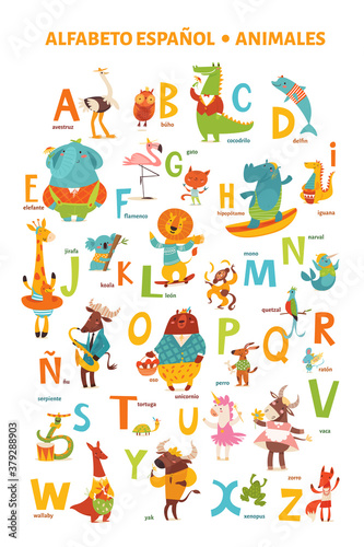 Spanish language alphabet poster with cartoon animals