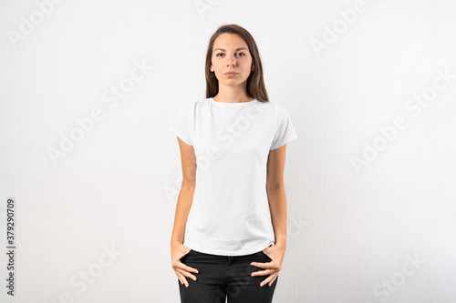 Caucasian woman with white tshirt. millennial girl. fashion mock up