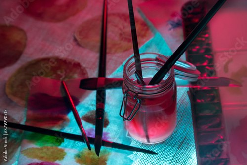 watercolor painting, brushes, and paint palette