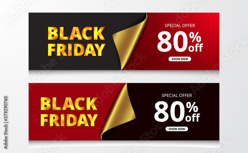 black friday sale offer discount poster banner template with golden wrap paper with red and black background for elegant luxury commerce