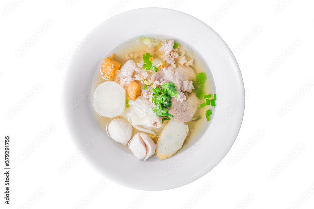 Noodles of Thai style clear soup in traditional ceramic bowl isolated on white background. view from above Noodles of Thai style clear soup in traditional ceramic bowl isolated on white background. view from above