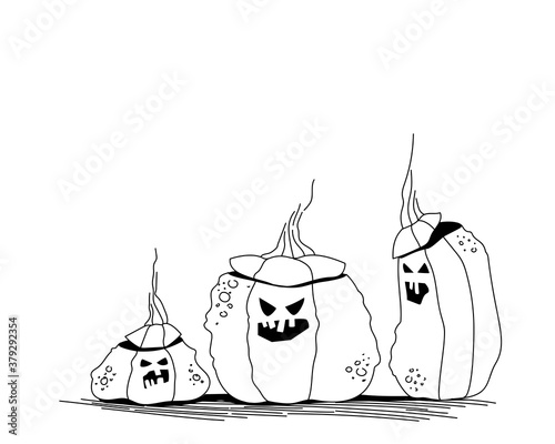 lanterns with cut out faces from pumpkin. The main attribute of the Halloween holiday. Line art festive illustration. Flat vector.