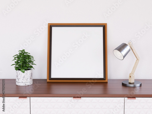 Interior Living Room Photo Frame Realistic Mockup. 3D Rendering, 3D illustration. © hasanstudio