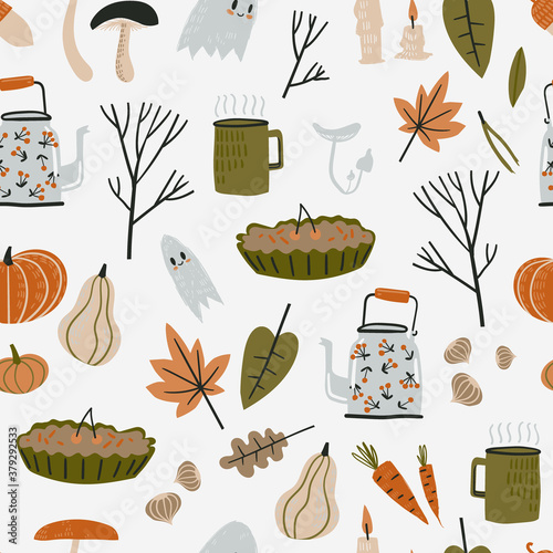 Fall seamless pattern with cozy nature elements.
