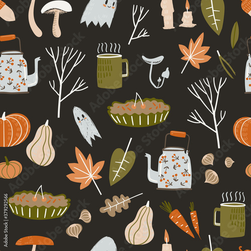 Fall seamless pattern with cozy nature elements.
