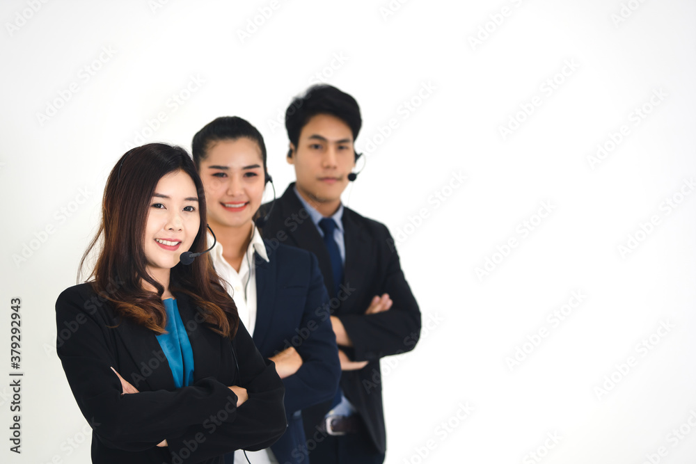 Business asian team customer call center service and telephone sales department on white background. Business asian team customer call center service and telephone sales department on white background.