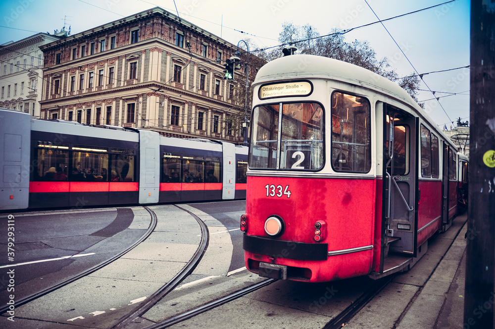 Wien, Austria - Ringstrasse street and view of the red tram