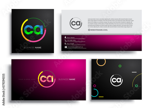 Letter CA logotype with colorful circle, letter combination logo design with ring, sets of business card for company identity, creative industry, web, isolated on white background.